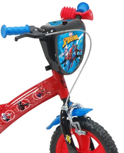 A.T.L.A.S. Bicicleta de 12 Pulgadas Equipada con 1 Freno, Placa Frontal Decorativa, Guardabarros, cárter, estabilizadores y Casco Spiderman Incluido Delantera, Niños, Rojo idéntico a Las Fotos, 12''