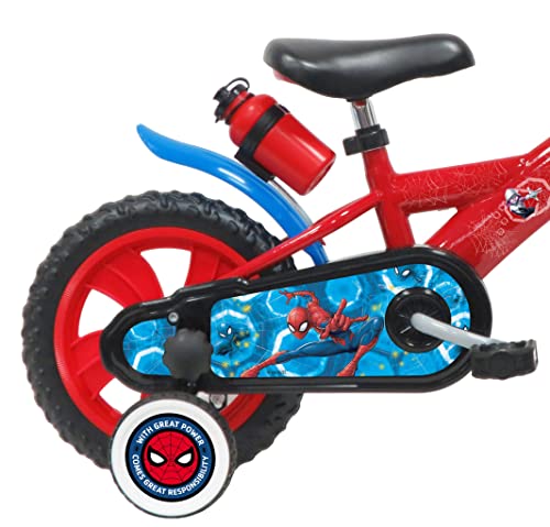 A.T.L.A.S. Bicicleta de 12 Pulgadas Equipada con 1 Freno, Placa Frontal Decorativa, Guardabarros, cárter, estabilizadores y Casco Spiderman Incluido Delantera, Niños, Rojo idéntico a Las Fotos, 12''