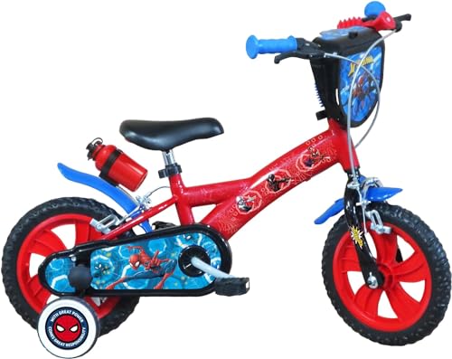 A.T.L.A.S. Bicicleta de 12 Pulgadas Equipada con 2 Frenos, Placa Frontal Decorativa, Guardabarros, cárter, estabilizadores y Casco Spiderman Incluido Delantera, Niños, Rojo idéntico a Las Fotos, 12''