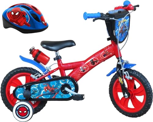 A.T.L.A.S. Bicicleta de 12 Pulgadas Equipada con 2 Frenos, Placa Frontal Decorativa, Guardabarros, cárter, estabilizadores y Casco Spiderman Incluido Delantera, Niños, Rojo idéntico a Las Fotos, 12''