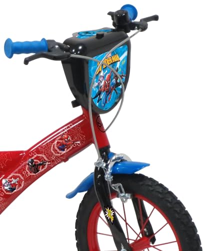 A.T.L.A.S. Bicicleta Infantil de 14 Pulgadas, Spiderman/Marvel Equipada con 2 Frenos, Placa Frontal Decorativa, Botella Trasera y Casco Spiderman Incluido