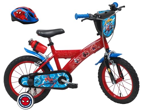 A.T.L.A.S. Bicicleta Infantil de 14 Pulgadas, Spiderman/Marvel Equipada con 2 Frenos, Placa Frontal Decorativa, Botella Trasera y Casco Spiderman Incluido