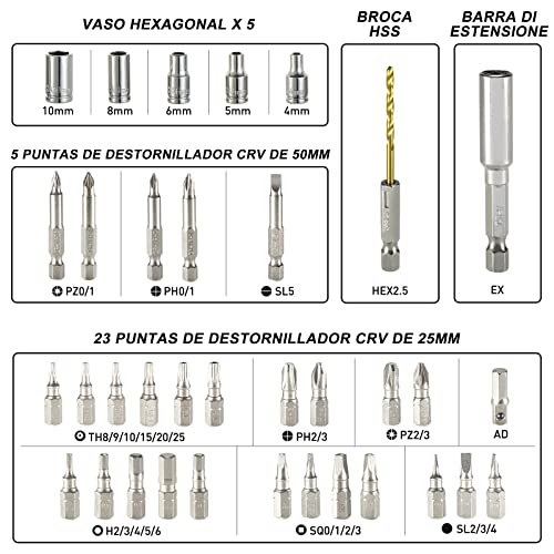 Atornillador Eléctrico 6N.m, HYCHIKA Destornillador Eléctrico (Máximo Par 6 N.m, 3.6V, 2.0Ah) LED Luz como Linterna, Cable USB, 35 Accesorios, Estuche portátil