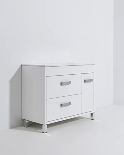 Atrios Modelo Marte Conjunto Baño con Patas, 2 Cajones y 1 Hueco con Puerta, Lavabo Porcelánico Incluido, Mueble MONTADO, Madera, Lacado Blanco, 100 cm