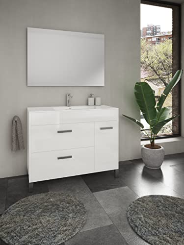 Atrios Modelo Marte Conjunto Baño con Patas, 2 Cajones y 1 Hueco con Puerta, Lavabo Porcelánico Incluido, Mueble MONTADO, Madera, Lacado Blanco, 100 cm