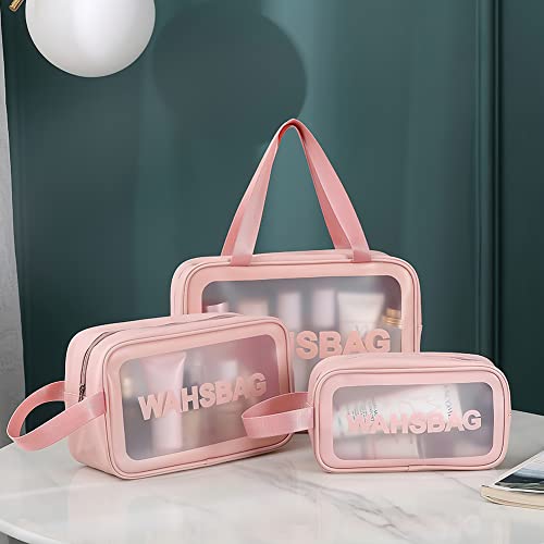 Aucuu 4 PCS Bolsas Neceser Transparente, Neceser de Aseo Transparente, Bolsa de Cosméticos Impermeable con Cremallera, Bolsas de Aseo Transparente para Baño,Viaje,Vuelo-Rosa