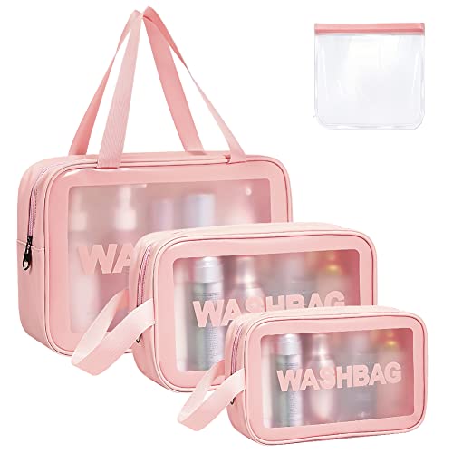 Aucuu 4 PCS Bolsas Neceser Transparente, Neceser de Aseo Transparente, Bolsa de Cosméticos Impermeable con Cremallera, Bolsas de Aseo Transparente para Baño,Viaje,Vuelo-Rosa