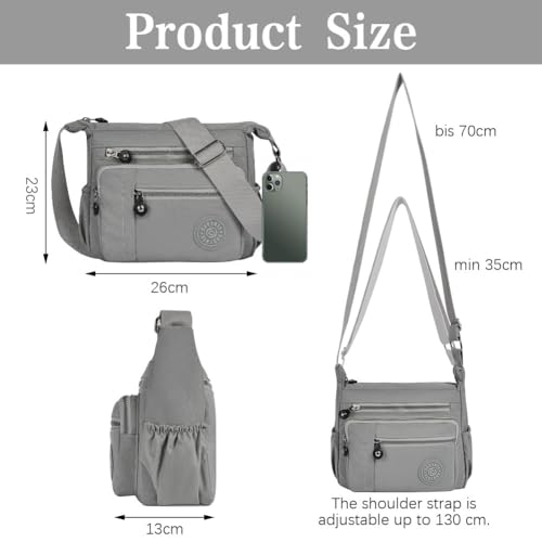 Aucuu Bolso Bandolera Mujer, Impermeable Nailon Crossbody Bolso, Grande Crossbody Bolsos con Correa Ajustable, Múltiples Bolsillo, para Viajar, Escuela, Compras, Trabajo - Gris