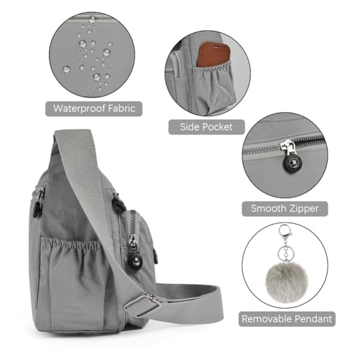 Aucuu Bolso Bandolera Mujer, Impermeable Nailon Crossbody Bolso, Grande Crossbody Bolsos con Correa Ajustable, Múltiples Bolsillo, para Viajar, Escuela, Compras, Trabajo - Gris