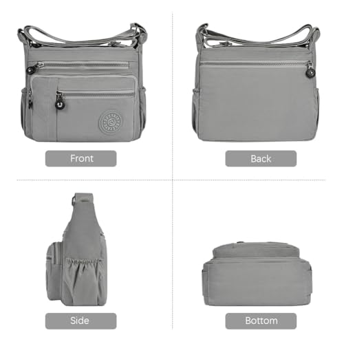 Aucuu Bolso Bandolera Mujer, Impermeable Nailon Crossbody Bolso, Grande Crossbody Bolsos con Correa Ajustable, Múltiples Bolsillo, para Viajar, Escuela, Compras, Trabajo - Gris