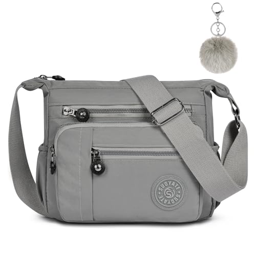 Aucuu Bolso Bandolera Mujer, Impermeable Nailon Crossbody Bolso, Grande Crossbody Bolsos con Correa Ajustable, Múltiples Bolsillo, para Viajar, Escuela, Compras, Trabajo - Gris