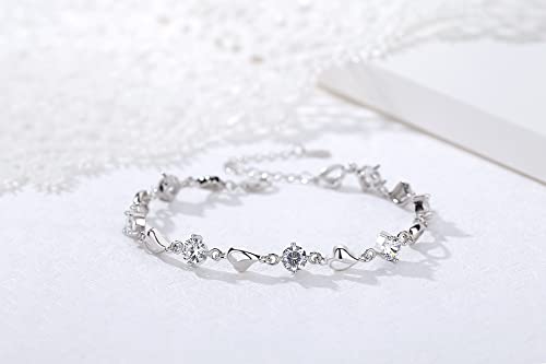 Aucuu Pulseras para Mujer, Pulsera Corazón de Cristal Blanco para Mujeres, Pulsera de Plata con Amor, Pulseras Deslizantes de Cadena Ajustable, Niñas Día de la Madre Regalo de Joyería