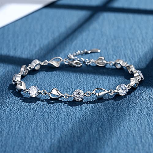 Aucuu Pulseras para Mujer, Pulsera Corazón de Cristal Blanco para Mujeres, Pulsera de Plata con Amor, Pulseras Deslizantes de Cadena Ajustable, Niñas Día de la Madre Regalo de Joyería