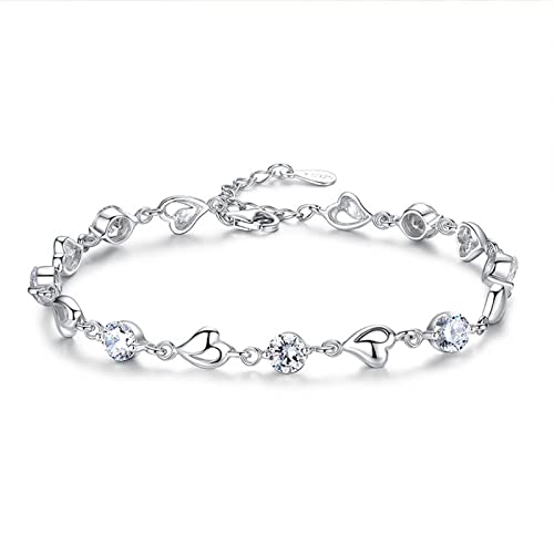 Aucuu Pulseras para Mujer, Pulsera Corazón de Cristal Blanco para Mujeres, Pulsera de Plata con Amor, Pulseras Deslizantes de Cadena Ajustable, Niñas Día de la Madre Regalo de Joyería