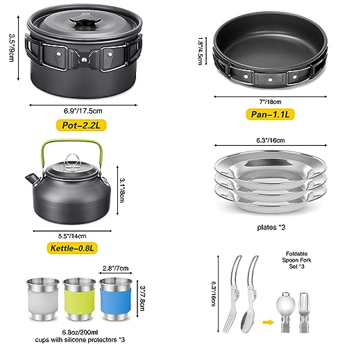 AUHOU Kit de Utensilios Cocina Camping con Ollas de Aluminio y Cubiertos, Plegable, Juego de Ollas y Sartenes, para Acampada, 3-4 Personas