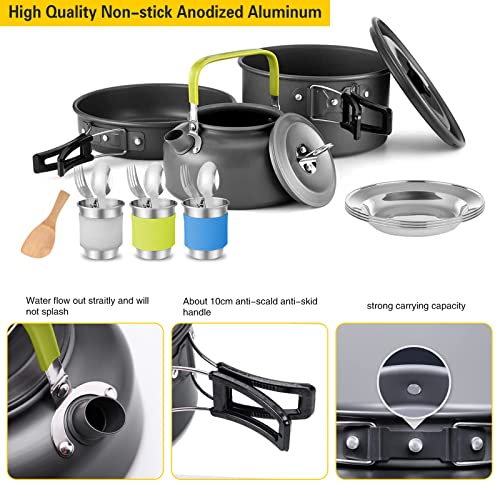 AUHOU Kit de Utensilios Cocina Camping con Ollas de Aluminio y Cubiertos, Plegable, Juego de Ollas y Sartenes, para Acampada, 3-4 Personas