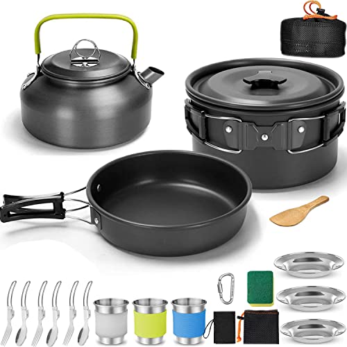 AUHOU Kit de Utensilios Cocina Camping con Ollas de Aluminio y Cubiertos, Plegable, Juego de Ollas y Sartenes, para Acampada, 3-4 Personas