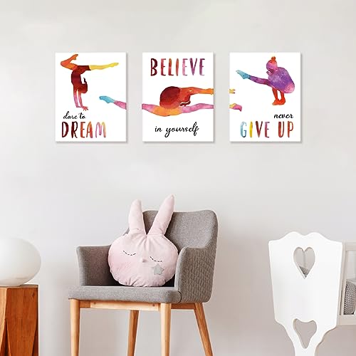 AUIAU Arte de pared enmarcado de gimnasia, cita motivacional Believe In Yourself Dance Girl decoración de dormitorio, dicho inspirador nunca te rindas, arte para decoración de gimnasio de habitación