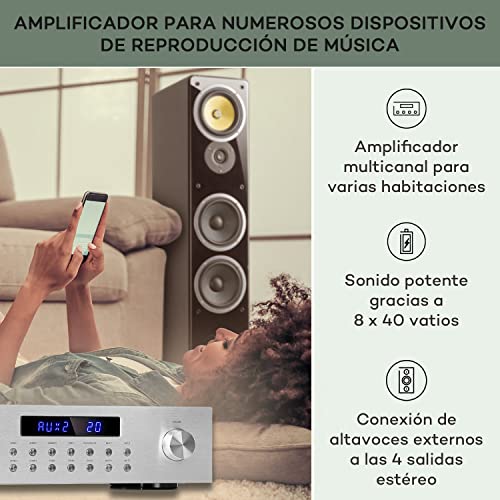 Auna Amplificador Audio Bluetooth para Equipo de Musica, Amplificador HiFi, AV y Control de Agudos y Bajo, Amplificadores Sonido con Subwoofer, 4 Canales de Audio y Altavoz con Mando a Distancia