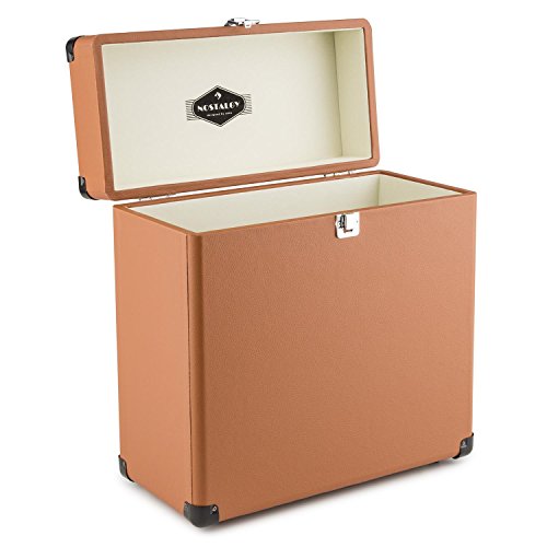 auna Vinylbox Maleta transporte vinilo (Caja portátil discos, 30Lp capacidad, interior acolchado aterciopelado, cantos metálicos resistentes golpes, diseño vintage) - marrón