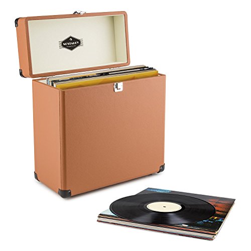 auna Vinylbox Maleta transporte vinilo (Caja portátil discos, 30Lp capacidad, interior acolchado aterciopelado, cantos metálicos resistentes golpes, diseño vintage) - marrón