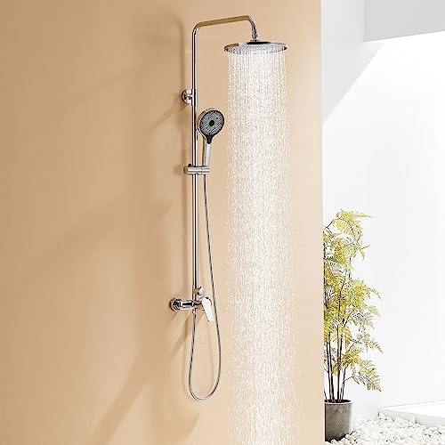 Auralum Columna Ducha Altura Regulable 1-1,39m, Grifo Ducha con Ducha Lluvia 26x26cm y Alcachofa de Ducha 3 Funciones, Duchas de Baño Columna Cromo