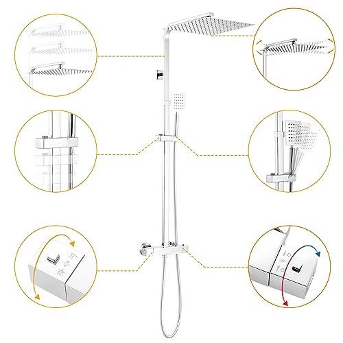 Auralum Columna Ducha Termostatica Acero Inoxidable Altura Ajustable 96-130cm, con Grifo Rociador 30x30CM