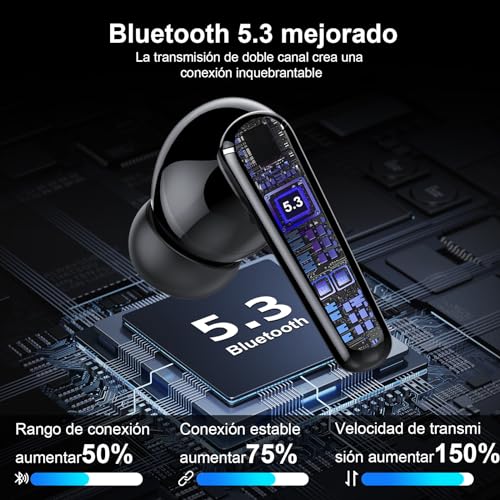 Auriculares Inalámbricos, Auriculares Bluetooth 5.3 con 4 HD Mic, Mini HiFi Estéreo Cascos Inalambricos, Reducción de Ruido Auriculares, 36H/Dual LED Cascos, Control Táctil, IP7 Impermeable, Negro