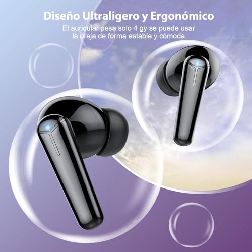 Auriculares Inalámbricos, Auriculares Bluetooth 5.3 con 4 HD Mic, Mini HiFi Estéreo Cascos Inalambricos, Reducción de Ruido Auriculares, 36H/Dual LED Cascos, Control Táctil, IP7 Impermeable, Negro