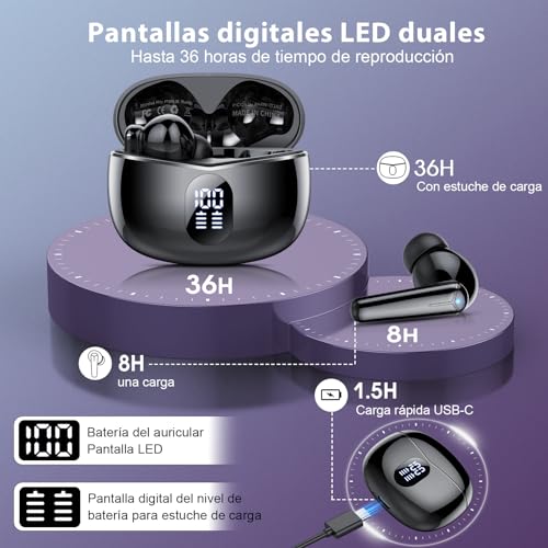 Auriculares Inalámbricos, Auriculares Bluetooth 5.3 con 4 HD Mic, Mini HiFi Estéreo Cascos Inalambricos, Reducción de Ruido Auriculares, 36H/Dual LED Cascos, Control Táctil, IP7 Impermeable, Negro