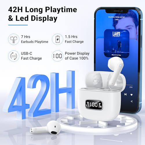 Auriculares Inalámbricos Bluetooth 5.3, Auriculares Bluetooth HiFi Estéreo, Incorporado ENC Cancelación de Ruido Control Táctil Pantalla LED Auriculares 42H Cascos Inalámbricos IP6 Impermeables Blanco