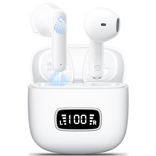 Auriculares Inalámbricos Bluetooth 5.3, Auriculares Bluetooth HiFi Estéreo, Incorporado ENC Cancelación de Ruido Control Táctil Pantalla LED Auriculares 42H Cascos Inalámbricos IP6 Impermeables Blanco