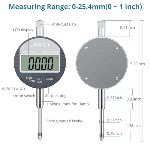 AUTOUTLET Relojes Comparadores Indicador Digital 0.01mm / 0.0005 '' Calibre Digital Medición del Dial Indicador de Prueba de Dial Indicador de Sonda 25.4mm / 1 '' Medición de Alta Precisión