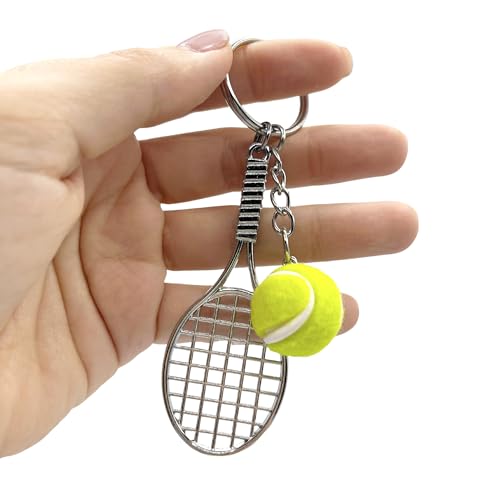 AUTOZOCO Llavero Plástico en Forma de Pelota de Tenis y Raqueta, Cuelga Llaves, Llavero para Tenista, Llavero Modelo Esférico, Llavero, Detalle, Pelota 2 cm Diámetro x Raqueta 7.5 cm de Largo