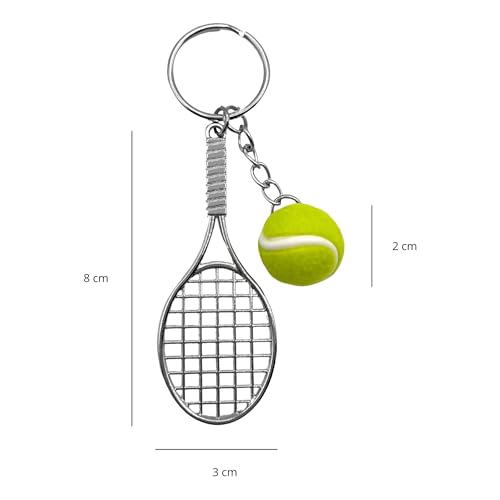 AUTOZOCO Llavero Plástico en Forma de Pelota de Tenis y Raqueta, Cuelga Llaves, Llavero para Tenista, Llavero Modelo Esférico, Llavero, Detalle, Pelota 2 cm Diámetro x Raqueta 7.5 cm de Largo