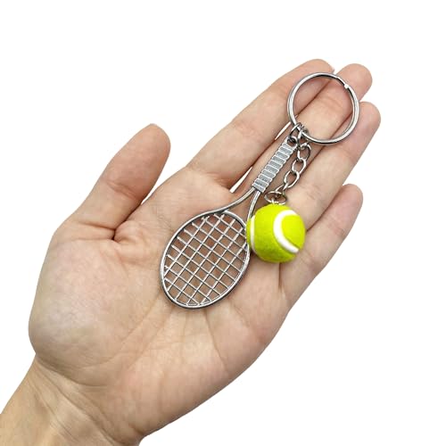 AUTOZOCO Llavero Plástico en Forma de Pelota de Tenis y Raqueta, Cuelga Llaves, Llavero para Tenista, Llavero Modelo Esférico, Llavero, Detalle, Pelota 2 cm Diámetro x Raqueta 7.5 cm de Largo