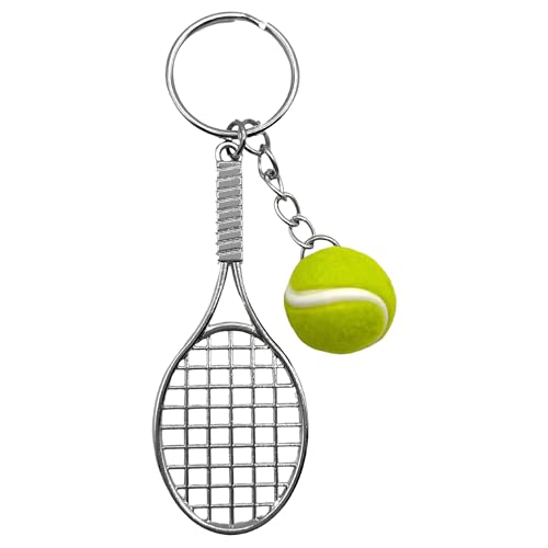 AUTOZOCO Llavero Plástico en Forma de Pelota de Tenis y Raqueta, Cuelga Llaves, Llavero para Tenista, Llavero Modelo Esférico, Llavero, Detalle, Pelota 2 cm Diámetro x Raqueta 7.5 cm de Largo