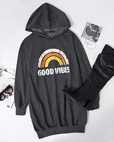 Auxo Sudadera con Capucha Tallas Grandes Mujer Pullover Hoodie Jersey Larga Bolsillos Manga Larga Casual Sudadera Vestido Invierno Tops Estampado Floral Patrón de Arco Iris Gris S