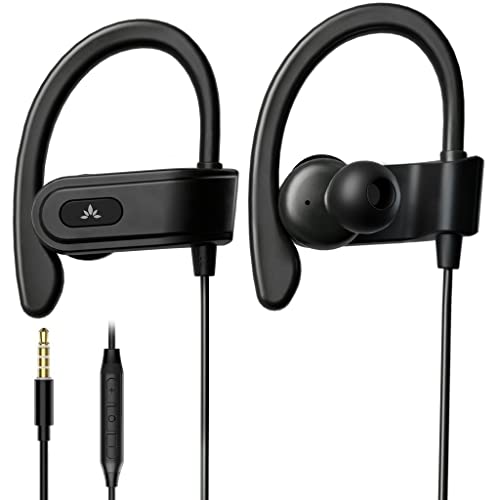 Avantree Auriculares Running Deportivos con Micrófono, Auriculares con Cable para Correr con Gancho de Oreja Compatibile con iPhone, Samsung - E171