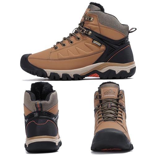 AX BOXING Botas Hombre Invierno Forradas Calientes Botas Montaña Antideslizante Botas Trekking Aire Libre Botines Botas Nieve 41-46 EU(C_Marrón Con Forro de Cálido, 43 EU)