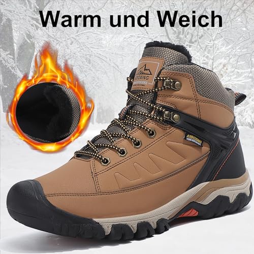 AX BOXING Botas Hombre Invierno Forradas Calientes Botas Montaña Antideslizante Botas Trekking Aire Libre Botines Botas Nieve 41-46 EU(C_Marrón Con Forro de Cálido, 43 EU)