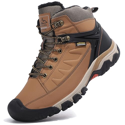 AX BOXING Botas Hombre Invierno Forradas Calientes Botas Montaña Antideslizante Botas Trekking Aire Libre Botines Botas Nieve 41-46 EU(C_Marrón Con Forro de Cálido, 43 EU)