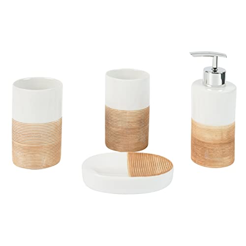 axentia Juego de 4 Accesorios para Baño de Dolomita Rimini, Dispensador de Jabón, Soporte para Cepillos de Dientes, Vaso de Enjuague y Jabonera, Beige/Blanco