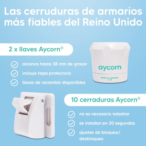 AYCORN Cerraduras de armario magnéticas a prueba de seguridad para niños y bebés, 10 cerraduras y 2 llaves, instalación fácil en segundos, video de instrucciones extra, sin tornillos ni taladros