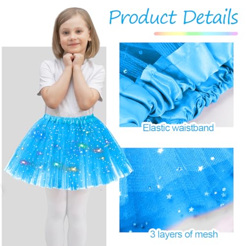 Azul falda de tul niñas, estrellas lentejuelas vestido de baile, elástico mini falda con luces LED, 30cm niñas tutú falda de ballet para Halloween carnaval, vestido de ballet para 3-8 años niños