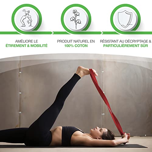 BACKLAxx ® Cinturón Yoga – Cinta correa algodon sostenible de 250 cm de longitud con práctico cierre metálico – Ideal para Yoga, Pilates y Estiramientos incl. vídeos de aplicación – Yoga Cinturon