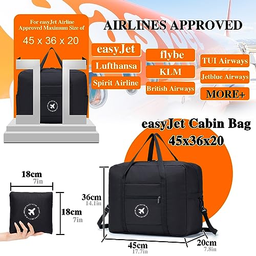 BAGZY Bolsa de Viaje Cabina 45x36x20 Plegable Bolsa de Hombro de Gimnasio, Deportiva Maleta de Mano, Weekend Equipaje Holdall Fines de Semana (40L Negro)