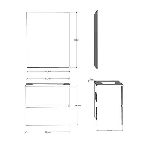 Baikal, Conjunto de baño Natura. Mueble de Baño de Fondo Reducido, con Lavabo cerámico. Distribución Dos Cajones. Mueble MONTADO. Dos Cajones con Espejo. Fondo 36cm 60 cm Blanco