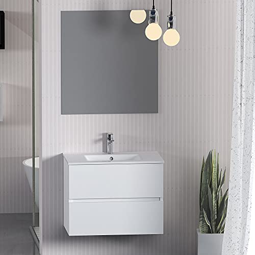 Baikal, Conjunto de baño Natura. Mueble de Baño de Fondo Reducido, con Lavabo cerámico. Distribución Dos Cajones. Mueble MONTADO. Dos Cajones con Espejo. Fondo 36cm 60 cm Blanco