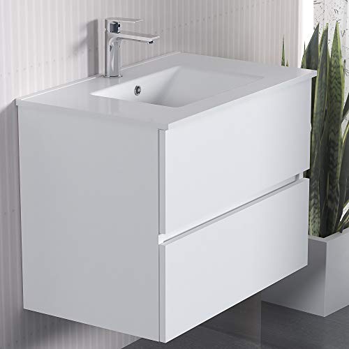 Baikal, Conjunto de baño Natura. Mueble de Baño de Fondo Reducido, con Lavabo cerámico. Distribución Dos Cajones. Mueble MONTADO. Dos Cajones con Espejo. Fondo 36cm 60 cm Blanco